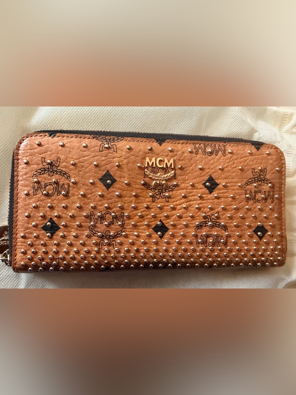 MCM Cognac Logo-Print Studded Leather Wallet with Gold Hardware